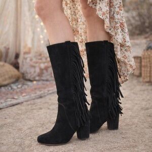 Black Fringe Suede Mid-Calf Boots